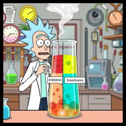 Rick from "Rick and Morty" standing enthusiastically next to a divided beaker, with one side representing endocytosis and the other exocytosis