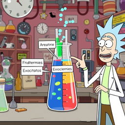 Rick from "Rick and Morty" standing enthusiastically next to a divided beaker, with one side representing endocytosis and the other exocytosis