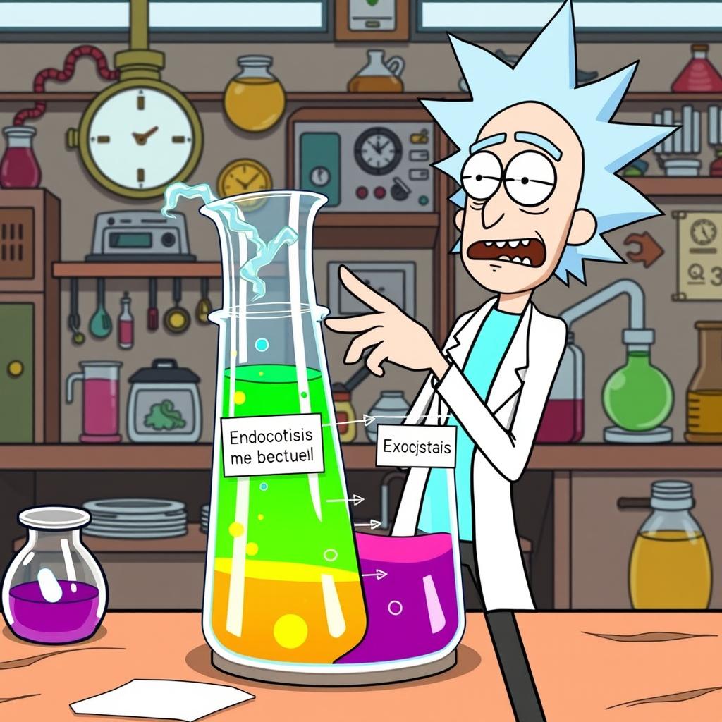 Rick from "Rick and Morty" standing enthusiastically next to a divided beaker, with one side representing endocytosis and the other exocytosis