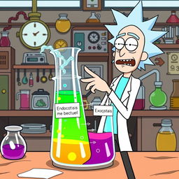 Rick from "Rick and Morty" standing enthusiastically next to a divided beaker, with one side representing endocytosis and the other exocytosis