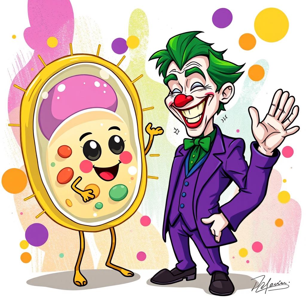 A whimsical illustration featuring the Joker, surrounded by vivid colors and exaggerated expressions, joyfully waving at an anthropomorphized animal cell