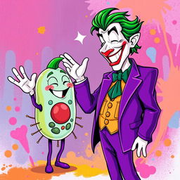 A whimsical illustration featuring the Joker, surrounded by vivid colors and exaggerated expressions, joyfully waving at an anthropomorphized animal cell