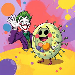 A whimsical illustration featuring the Joker, surrounded by vivid colors and exaggerated expressions, joyfully waving at an anthropomorphized animal cell