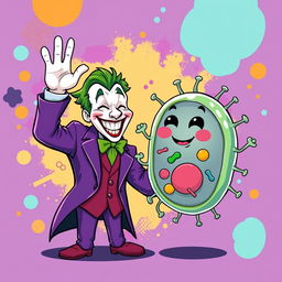 A whimsical illustration featuring the Joker, surrounded by vivid colors and exaggerated expressions, joyfully waving at an anthropomorphized animal cell