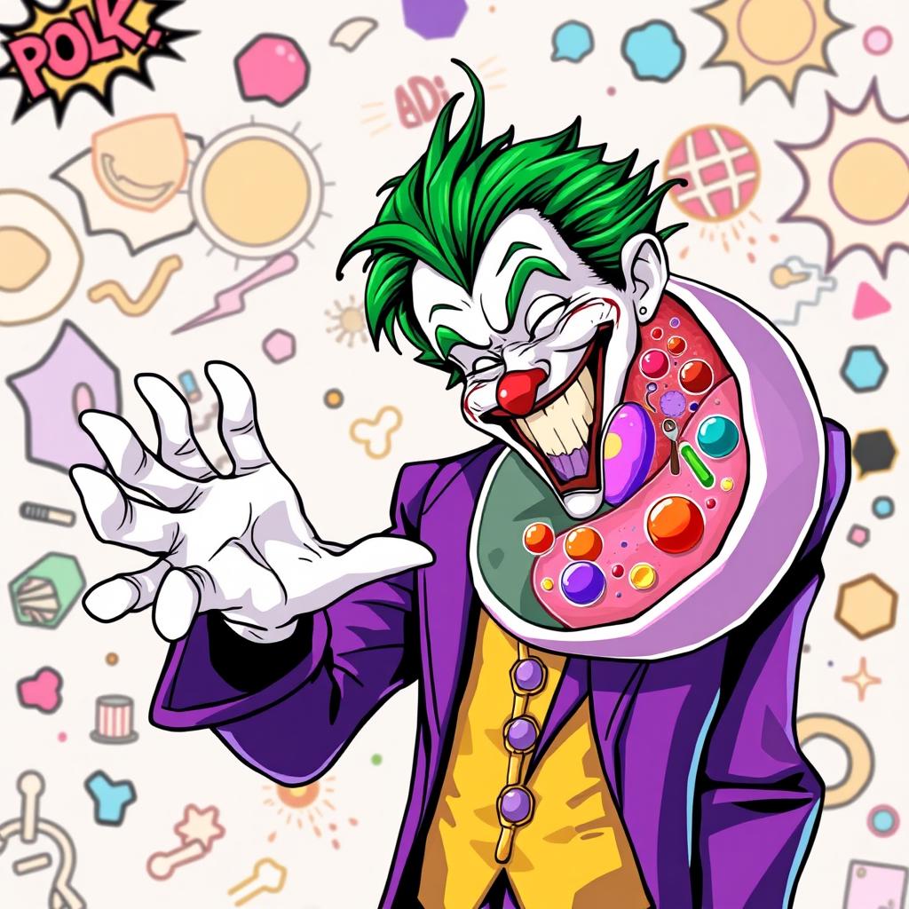 The Joker character in vibrant, chaotic colors, extending his hand in a friendly greeting to an animated animal cell, showcasing the cell's structure with a colorful nucleus, cytoplasm, and organelles