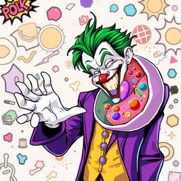 The Joker character in vibrant, chaotic colors, extending his hand in a friendly greeting to an animated animal cell, showcasing the cell's structure with a colorful nucleus, cytoplasm, and organelles