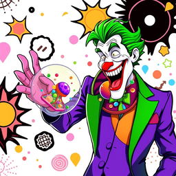 The Joker character in vibrant, chaotic colors, extending his hand in a friendly greeting to an animated animal cell, showcasing the cell's structure with a colorful nucleus, cytoplasm, and organelles