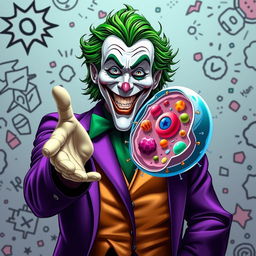 The Joker character in vibrant, chaotic colors, extending his hand in a friendly greeting to an animated animal cell, showcasing the cell's structure with a colorful nucleus, cytoplasm, and organelles