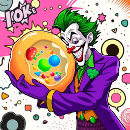 The Joker character in vibrant, chaotic colors, extending his hand in a friendly greeting to an animated animal cell, showcasing the cell's structure with a colorful nucleus, cytoplasm, and organelles