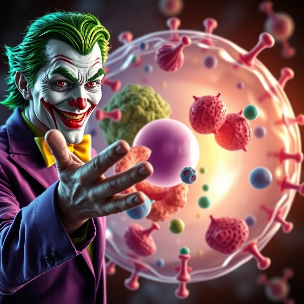 A realistic depiction of the Joker character in vibrant colors, extending his hand in a friendly greeting to an accurately detailed animal cell, with a strong emphasis on the cell membrane