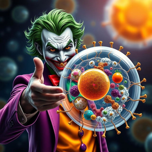 A realistic depiction of the Joker character in vibrant colors, extending his hand in a friendly greeting to an accurately detailed animal cell, with a strong emphasis on the cell membrane