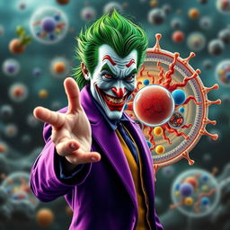 A realistic depiction of the Joker character in vibrant colors, extending his hand in a friendly greeting to an accurately detailed animal cell, with a strong emphasis on the cell membrane