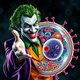 A realistic depiction of the Joker character in vibrant colors, extending his hand in a friendly greeting to an accurately detailed animal cell, with a strong emphasis on the cell membrane