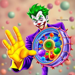 The Joker character in vivid, vibrant colors, extending his hand in a friendly greeting to an animal cell, with a strong emphasis on the cell membrane