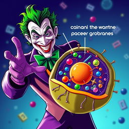 The Joker character in vivid, vibrant colors, extending his hand in a friendly greeting to an animal cell, with a strong emphasis on the cell membrane