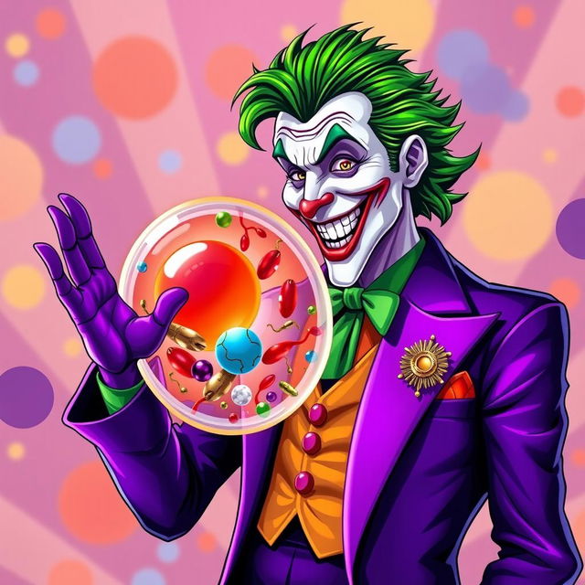 The Joker character in vivid, vibrant colors, extending his hand in a friendly greeting to an animal cell, with a strong emphasis on the cell membrane