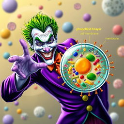 The Joker character in vivid, vibrant colors, extending his hand in a friendly greeting to an animal cell, with a strong emphasis on the cell membrane