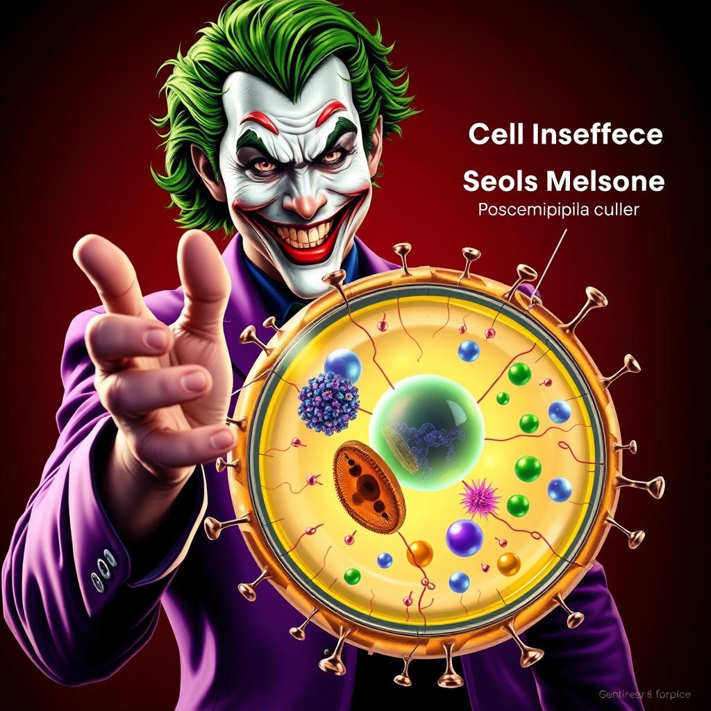 A highly realistic depiction of the Joker character in vivid colors, extending his hand in a friendly greeting to a detailed animal cell, with a strong emphasis on the cell membrane