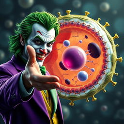 A highly realistic depiction of the Joker character in vivid colors, extending his hand in a friendly greeting to a detailed animal cell, with a strong emphasis on the cell membrane