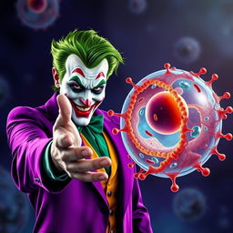 A highly realistic depiction of the Joker character in vivid colors, extending his hand in a friendly greeting to a detailed animal cell, with a strong emphasis on the cell membrane