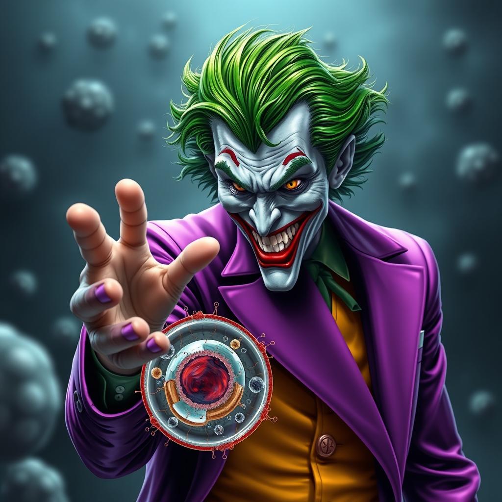 A highly realistic depiction of the Joker character in vivid colors, extending his hand in a friendly greeting to a detailed animal cell, with a strong emphasis on the cell membrane