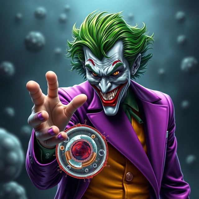 A highly realistic depiction of the Joker character in vivid colors, extending his hand in a friendly greeting to a detailed animal cell, with a strong emphasis on the cell membrane