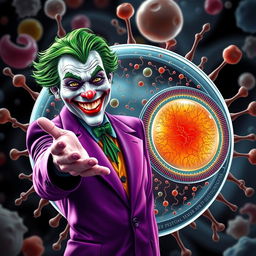 An ultra-realistic depiction of the Joker character, vibrantly colored, extending his hand in a friendly greeting towards a highly detailed animal cell with an emphasis on the cell membrane