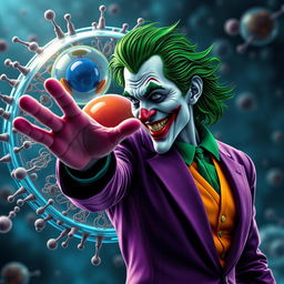 An ultra-realistic depiction of the Joker character, vibrantly colored, extending his hand in a friendly greeting towards a highly detailed animal cell with an emphasis on the cell membrane