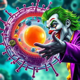 An ultra-realistic depiction of the Joker character, vibrantly colored, extending his hand in a friendly greeting towards a highly detailed animal cell with an emphasis on the cell membrane