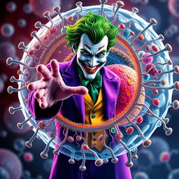 An ultra-realistic depiction of the Joker character, vibrantly colored, extending his hand in a friendly greeting towards a highly detailed animal cell with an emphasis on the cell membrane