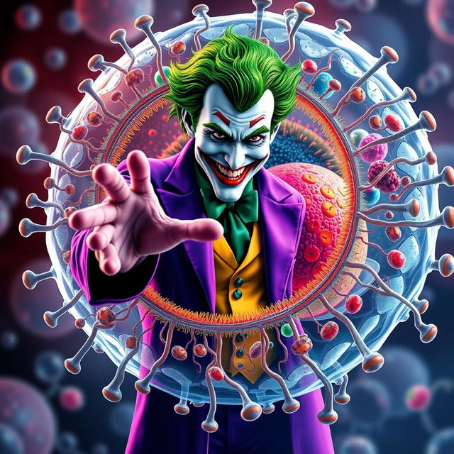 An ultra-realistic depiction of the Joker character, vibrantly colored, extending his hand in a friendly greeting towards a highly detailed animal cell with an emphasis on the cell membrane