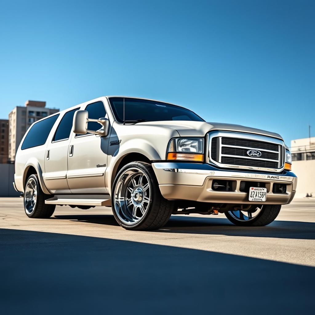 A customized 2000 Ford Excursion XLT, slammed to the ground, showcasing a stunning stance on impressive 24x14 inch chrome wheels