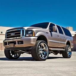 A customized 2000 Ford Excursion XLT, slammed to the ground, showcasing a stunning stance on impressive 24x14 inch chrome wheels