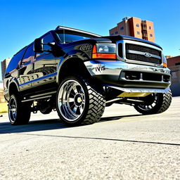 A customized 2000 Ford Excursion XLT, slammed to the ground, showcasing a stunning stance on impressive 24x14 inch chrome wheels