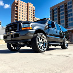 A customized 2000 Ford Excursion XLT, slammed to the ground, showcasing a stunning stance on impressive 24x14 inch chrome wheels