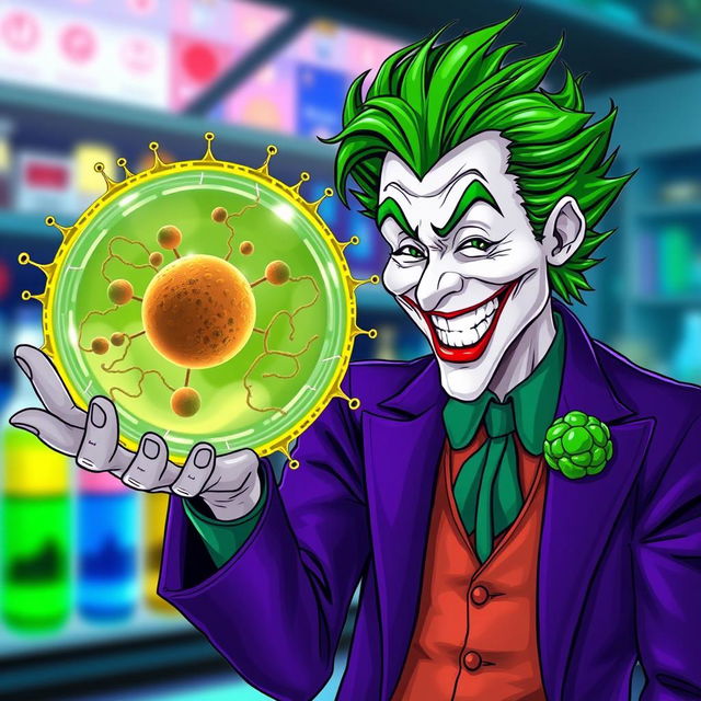 A detailed and realistic illustration of the Joker character, with vibrant green hair and a classic purple suit, cheerfully greeting a highly realistic animal cell membrane