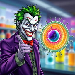 A detailed and realistic illustration of the Joker character, with vibrant green hair and a classic purple suit, cheerfully greeting a highly realistic animal cell membrane