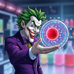 A detailed and realistic illustration of the Joker character, with vibrant green hair and a classic purple suit, cheerfully greeting a highly realistic animal cell membrane