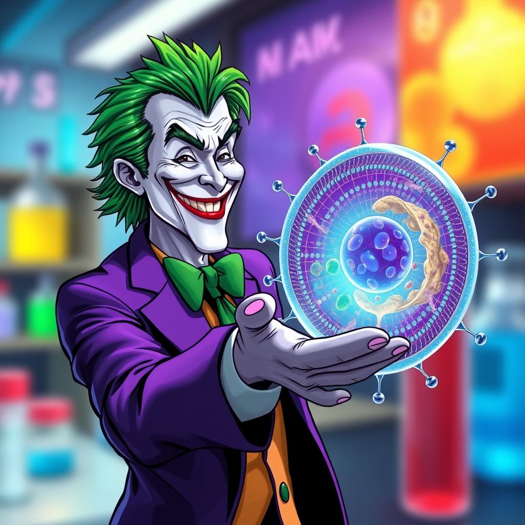 A detailed and realistic illustration of the Joker character, with vibrant green hair and a classic purple suit, cheerfully greeting a highly realistic animal cell membrane