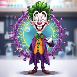 A vibrant illustration of the Joker character, with his iconic green hair and purple suit, cheerfully greeting a highly realistic representation of a cell membrane