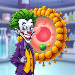 A vibrant illustration of the Joker character, with his iconic green hair and purple suit, cheerfully greeting a highly realistic representation of a cell membrane