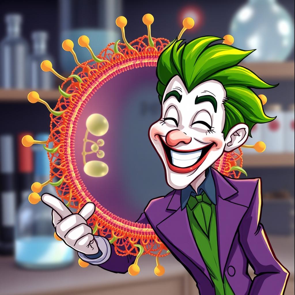 A vibrant illustration of the Joker character, with his iconic green hair and purple suit, cheerfully greeting a highly realistic representation of a cell membrane