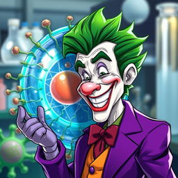 A vibrant illustration of the Joker character, with his iconic green hair and purple suit, cheerfully greeting a highly realistic representation of a cell membrane