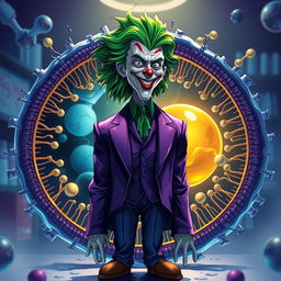 A stunning illustration of the Joker character with vibrant green hair and a purple suit, creatively merged with a highly realistic representation of a cell membrane