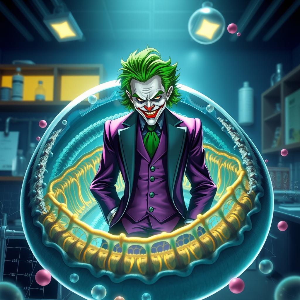 A stunning illustration of the Joker character with vibrant green hair and a purple suit, creatively merged with a highly realistic representation of a cell membrane