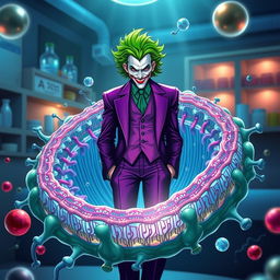 A stunning illustration of the Joker character with vibrant green hair and a purple suit, creatively merged with a highly realistic representation of a cell membrane