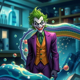 A stunning illustration of the Joker character with vibrant green hair and a purple suit, creatively merged with a highly realistic representation of a cell membrane