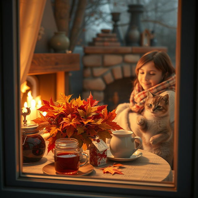 A cozy autumn evening scene viewed from outside the window