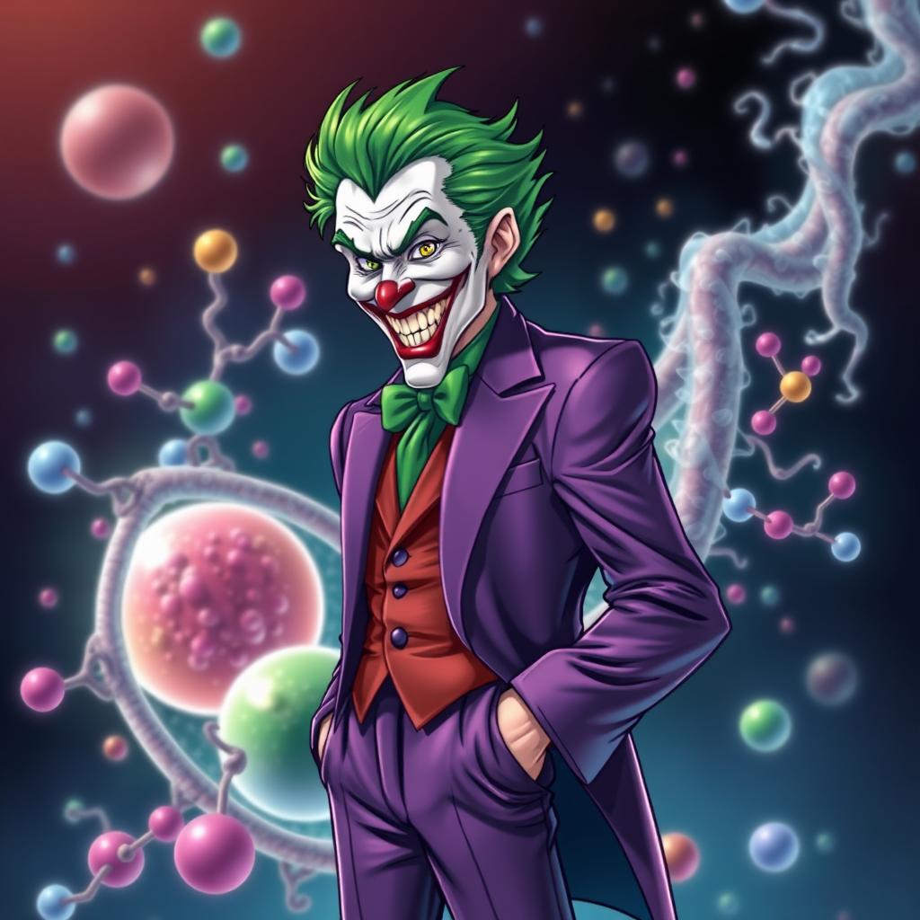 A captivating illustration of the Joker character, featuring his iconic green hair, maniacal grin, and a flamboyant purple suit, intricately blended with a highly realistic depiction of a cell membrane