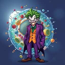 A captivating illustration of the Joker character, featuring his iconic green hair, maniacal grin, and a flamboyant purple suit, intricately blended with a highly realistic depiction of a cell membrane